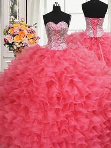 Beaded Bodice Coral Red Sleeveless Floor Length Beading and Ruffles Lace Up Quinceanera Gowns