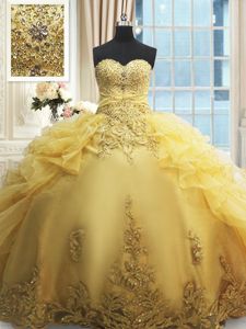 Exceptional Ball Gowns Ball Gown Prom Dress Yellow Sweetheart Organza Sleeveless Floor Length Lace Up