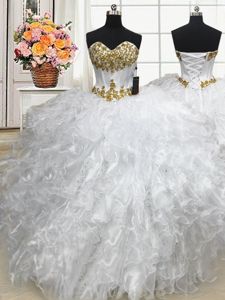 Low Price Organza Sweetheart Sleeveless Lace Up Beading and Ruffles 15 Quinceanera Dress in White