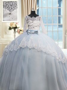 Luxury Scalloped Half Sleeves Brush Train Lace Up Sweet 16 Dress Light Blue Tulle