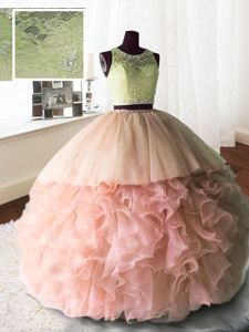 Scoop Baby Pink Zipper Sweet 16 Dresses Beading and Lace and Ruffles Sleeveless With Brush Train