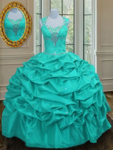 Inexpensive Straps Straps Aqua Blue Lace Up Quince Ball Gowns Beading and Pick Ups Sleeveless Floor Length