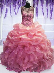 Sumptuous Scoop Beading and Pick Ups 15th Birthday Dress Baby Pink Lace Up Sleeveless Floor Length