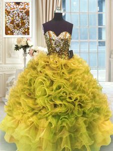 Super Floor Length Gold Dama Dress for Quinceanera Organza Sleeveless Beading and Ruffles