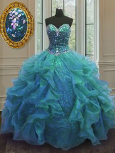 Fashion Blue Ball Gowns Organza Sweetheart Sleeveless Beading and Ruffles Floor Length Lace Up Quinceanera Dama Dress