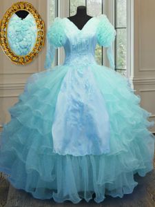 Ruffled Ball Gowns 15th Birthday Dress Blue V-neck Organza Long Sleeves Floor Length Zipper