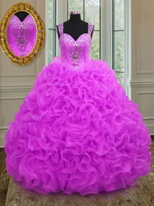 Fashion Fuchsia Ball Gowns Organza Straps Sleeveless Beading and Ruffles Floor Length Lace Up Sweet 16 Dresses