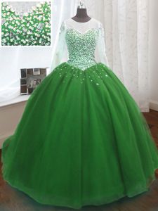 Cheap Organza Scoop Long Sleeves Sweep Train Lace Up Beading and Sequins Vestidos de Quinceanera in Green