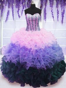 Deluxe Ruffled Sweetheart Sleeveless Lace Up 15 Quinceanera Dress Multi-color Organza