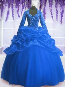 Long Sleeves Organza Floor Length Zipper Sweet 16 Dress in Blue for with Sequins and Pick Ups