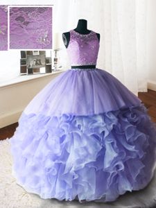 Ideal White And Purple Sleeveless Floor Length Beading and Ruffles Lace Up Sweet 16 Dresses