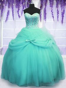 Aqua Blue Sleeveless Floor Length Beading and Sequins and Bowknot Lace Up 15 Quinceanera Dress