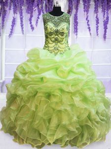 Most Popular Yellow Green Lace Up Scoop Beading and Pick Ups Vestidos de Quinceanera Organza Sleeveless