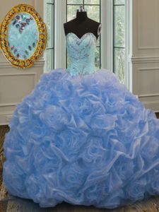 Baby Blue Ball Gowns Sweetheart Sleeveless Organza Floor Length Lace Up Beading Ball Gown Prom Dress