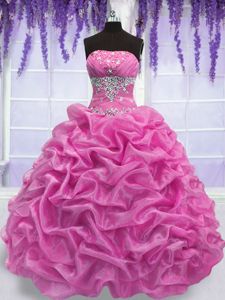 New Style Rose Pink Ball Gowns Beading Vestidos de Quinceanera Lace Up Organza Sleeveless Floor Length