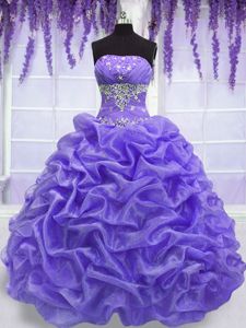 Lavender Ball Gowns Organza Strapless Sleeveless Beading Floor Length Lace Up Ball Gown Prom Dress