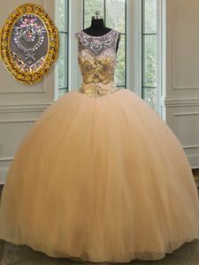 Scoop Backless Floor Length Gold Sweet 16 Quinceanera Dress Tulle Sleeveless Beading and Appliques