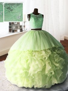 Superior Scoop Sleeveless Brush Train Zipper With Train Beading and Lace and Ruffles Quinceanera Dresses