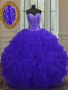 Fine Ball Gowns Quinceanera Gown Blue Sweetheart Organza Sleeveless Floor Length Zipper