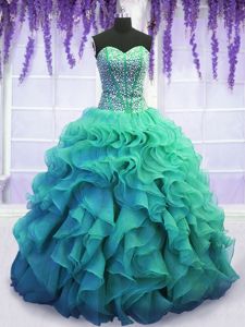 Floor Length Lace Up Quince Ball Gowns Turquoise and In for Military Ball and Sweet 16 and Quinceanera with Beading and Ruffles