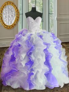 Organza Sweetheart Sleeveless Lace Up Beading and Ruffles 15 Quinceanera Dress in White and Purple