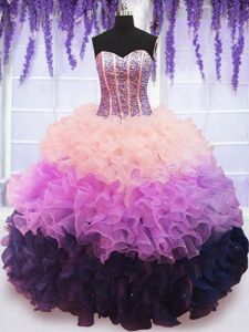 Inexpensive Sweetheart Sleeveless Organza Quinceanera Dresses Beading and Ruffles and Ruffled Layers Lace Up