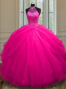 Dramatic Sequins Ball Gowns Quinceanera Gowns Hot Pink Halter Top Tulle Sleeveless Floor Length Lace Up