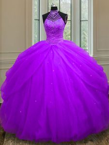 High Quality Halter Top Sequins Floor Length Ball Gowns Sleeveless Purple Quince Ball Gowns Lace Up