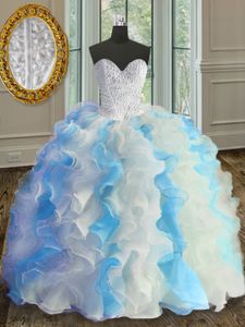 Discount Blue And White Sweetheart Neckline Beading and Ruffles Sweet 16 Dress Sleeveless Lace Up