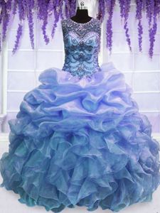 Inexpensive Scoop Sleeveless Quinceanera Dresses Floor Length Beading and Ruffles Blue Organza