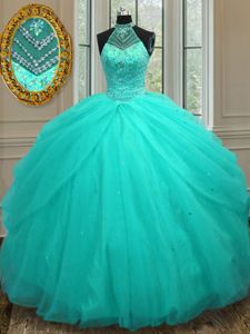 Flare Aqua Blue Ball Gowns Halter Top Sleeveless Tulle Floor Length Lace Up Beading Sweet 16 Dress