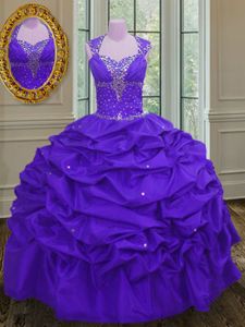 Pick Ups Ball Gowns Sweet 16 Dress Eggplant Purple Straps Taffeta Sleeveless Floor Length Lace Up