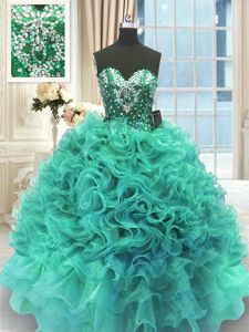 Sweetheart Sleeveless Ball Gown Prom Dress Floor Length Beading and Ruffles Turquoise Organza