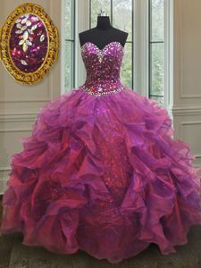 Purple Ball Gowns Sweetheart Sleeveless Organza and Sequined Floor Length Lace Up Beading and Ruffles 15th Birthday Dress