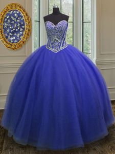 Sleeveless Tulle Floor Length Lace Up 15th Birthday Dress in Royal Blue for with Beading