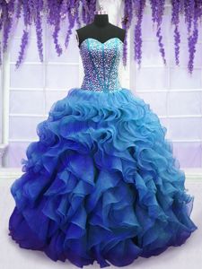 Blue Sweetheart Neckline Beading and Ruffles Ball Gown Prom Dress Sleeveless Lace Up