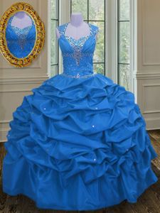 Simple Straps Sleeveless Sweet 16 Dress Floor Length Beading and Pick Ups Blue Taffeta