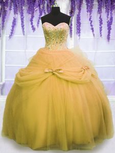 Romantic Tulle Sweetheart Sleeveless Lace Up Beading and Bowknot Quinceanera Gown in Gold