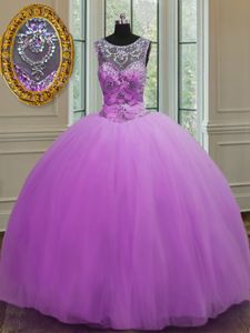 Eye-catching Halter Top Floor Length Ball Gowns Sleeveless Purple Quinceanera Dress Lace Up