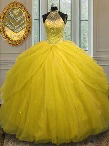 Halter Top Sleeveless Sweet 16 Quinceanera Dress Floor Length Beading Gold Tulle