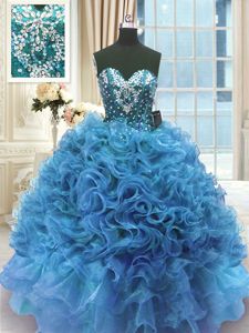 Nice Sleeveless Organza Floor Length Lace Up Sweet 16 Dress in Blue for with Beading