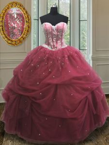 Floor Length Lace Up Quinceanera Gown Burgundy and In for Prom and Party with Sequins and Pick Ups