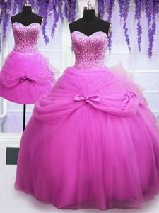 Three Piece Lilac Ball Gowns Beading and Bowknot Sweet 16 Quinceanera Dress Lace Up Tulle Sleeveless Floor Length