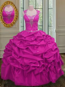 Fuchsia Ball Gowns Straps Cap Sleeves Taffeta Floor Length Lace Up Beading and Pick Ups Ball Gown Prom Dress