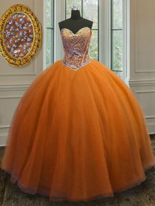 Orange Taffeta Lace Up Sweetheart Sleeveless Floor Length Quince Ball Gowns Beading