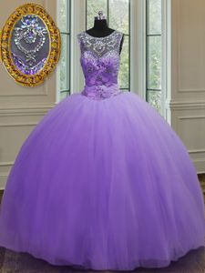 Fantastic Lavender Lace Up Scoop Beading Quinceanera Gown Tulle Sleeveless