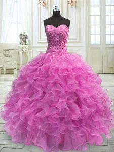 Admirable Sleeveless Organza Floor Length Lace Up Sweet 16 Dresses in Lilac for with Beading and Ruffles