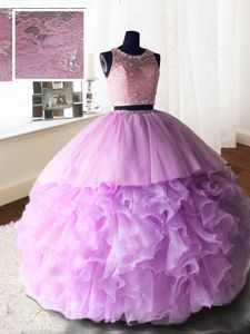 Edgy Scoop Sleeveless Brush Train Zipper Sweet 16 Dress Lilac Organza and Tulle and Lace