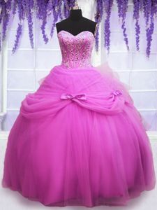 Unique Lilac Lace Up Sweetheart Beading and Sequins and Bowknot Quinceanera Gown Tulle Sleeveless