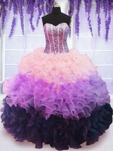 On Sale Multi-color Lace Up Quinceanera Gown Beading and Ruffles and Ruffled Layers Sleeveless Floor Length